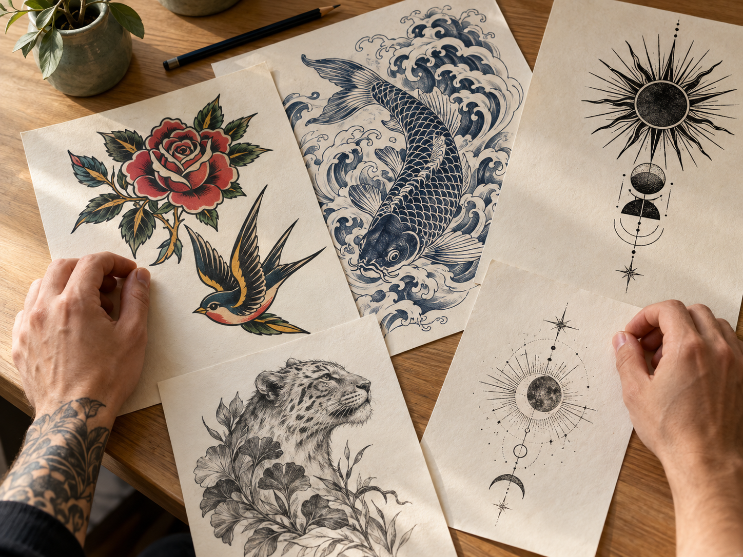 Selección de bocetos de tatuajes con estilos variados