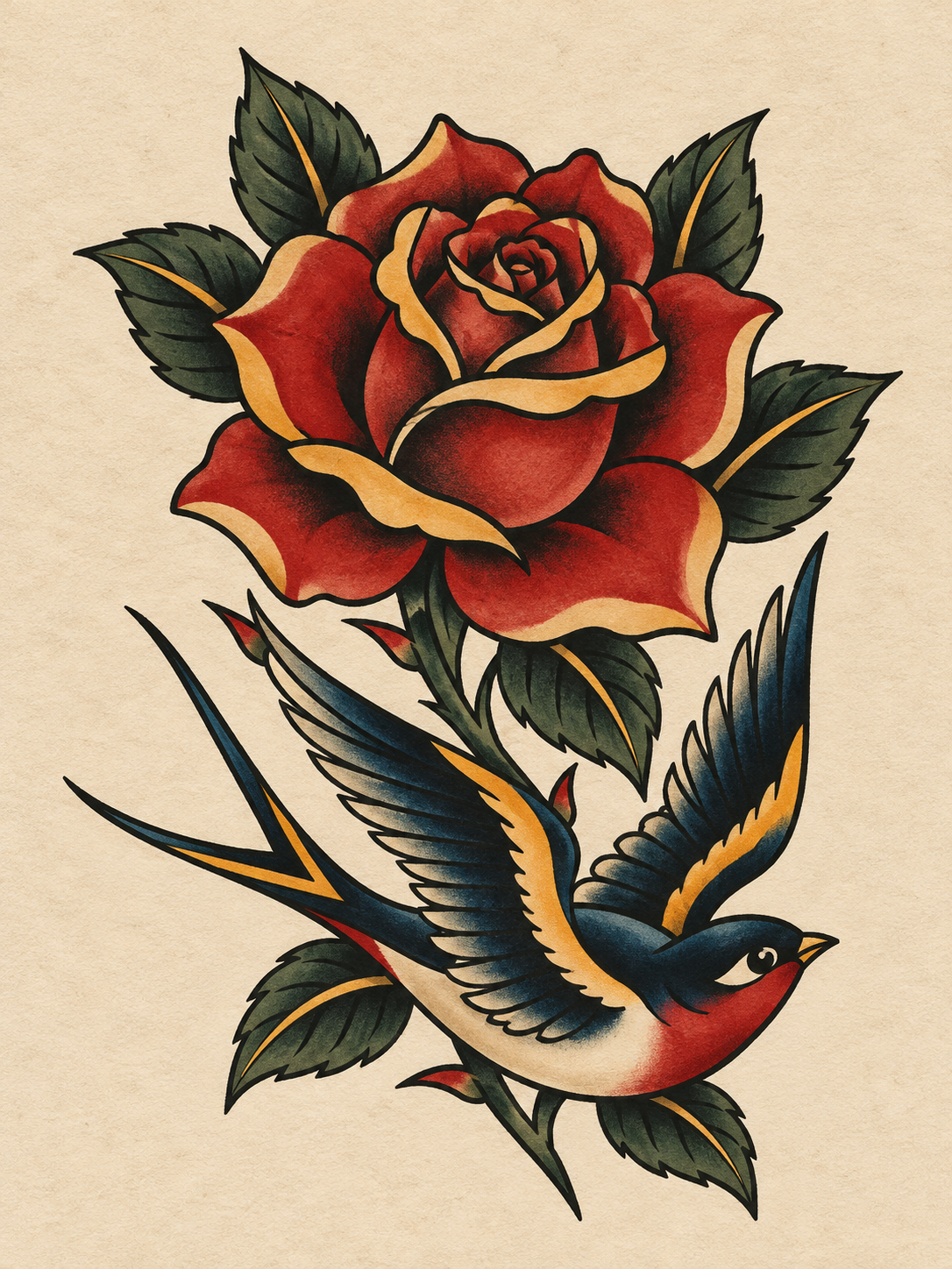 Bocetos de rosa y golondrina de estilo tradicional