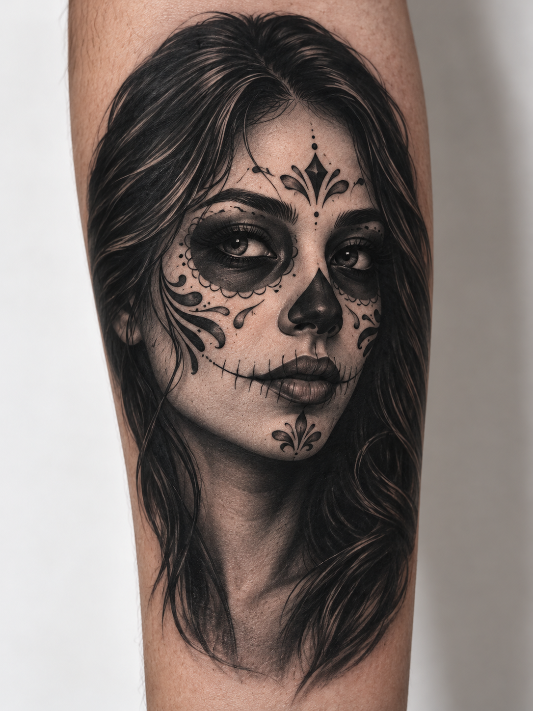 Referencia conceptual de tatuaje en negro y gris con rostro de catrina